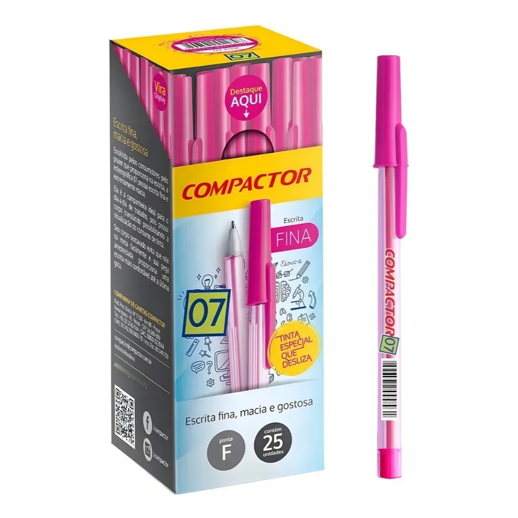 Caneta Esferográfica 0.7 Ponta Fina Compactor &#8211;  25 Unid Rosa Pink