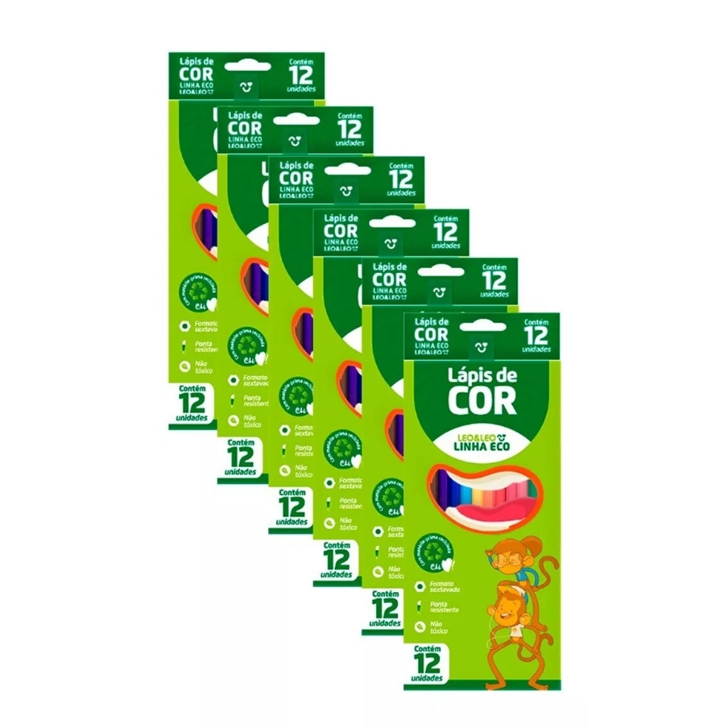 Kit 6 Caixas Lápis De Cor 12 Cores Leo &#038; Leo Eco Sextavado