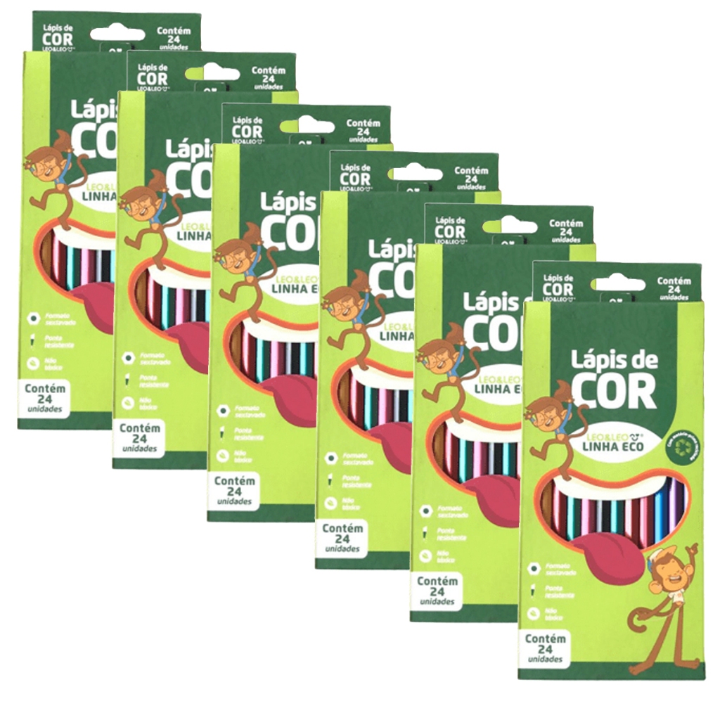 Kit 6 Caixas Lápis De Cor 24 Cores Leo &#038; Leo Eco Sextavado