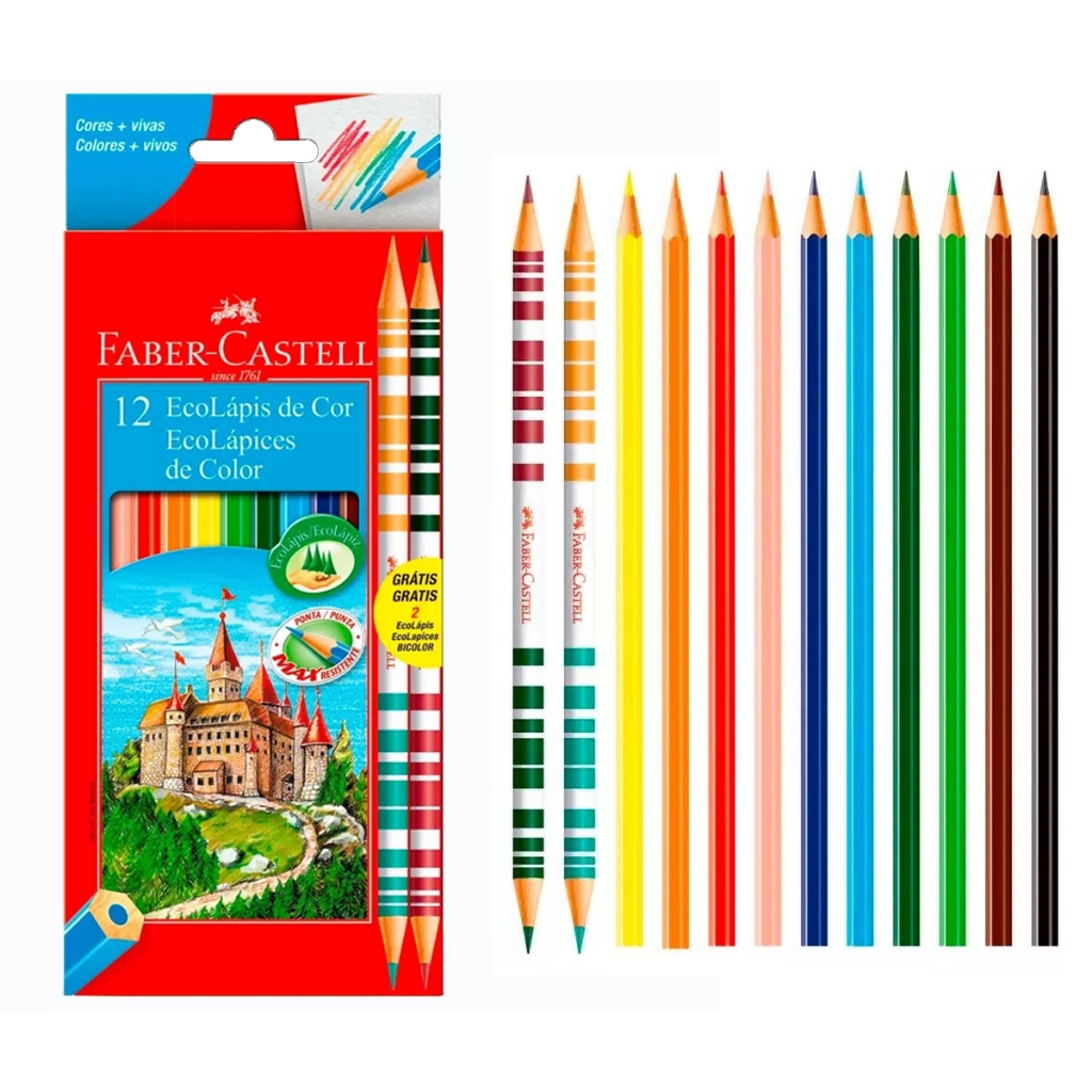 Lápis De Cor Faber Castell 10 Cores + 2 Bicolor Ecolápis