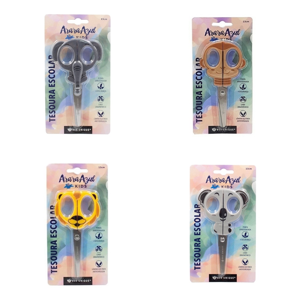 Tesoura Escolar 13cm Arara Azul Animais Kids Com 4 Unidades