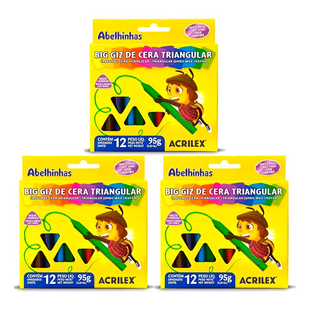 Gizão De Cera 12 Cores Kit C/ 3 Acrilex Big Triangular