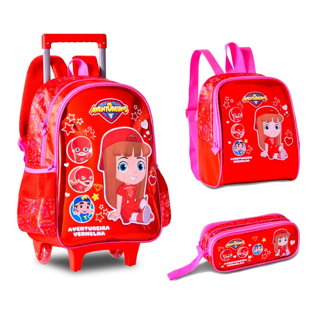 Kit Mochila de Rodinha Lancheira e Estojo Gi Neto Os Aventureiros